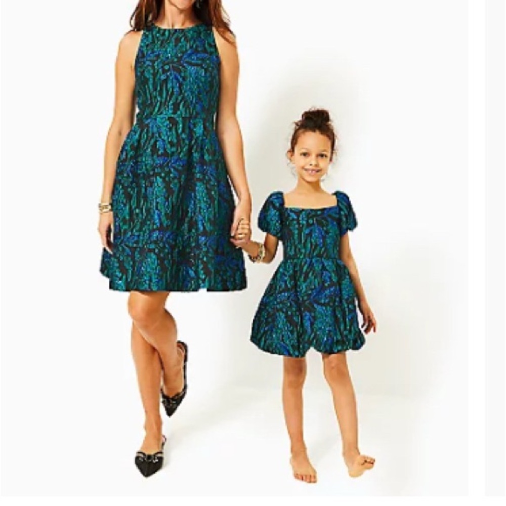 Lilly Pulitzer Girls' Teal and Navy Floral Fit-and-Flare Dress